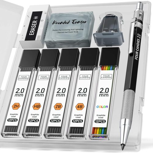 2MM Mechanical Pencil Set With Case, Artist Metal Lead Holder, 60PCS Graphite Refill (HB, 2H, 2B, 4B, Color), Kneaded Eraser, Sharpener for Writing, Drawing, Sketching