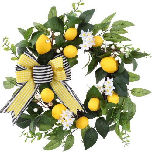 Spring Wreaths for Front Door Outside, 20 Inch Spring Summer Wreath with Lemon Daisy White Berries Large Bow, Green Artificial Lemon Wreath for All Season Farmhouse Home Decor