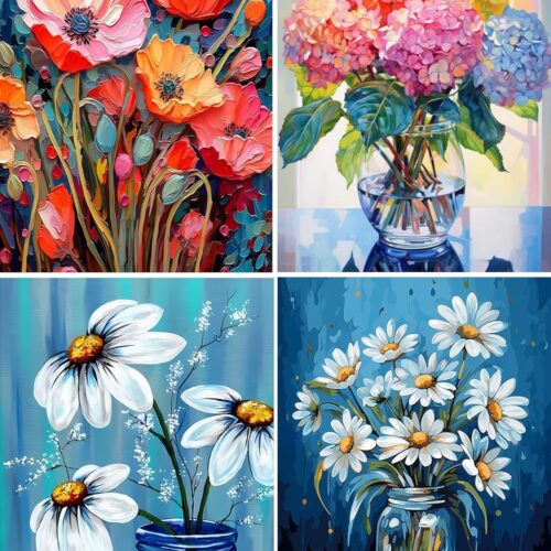 Diamond Painting Kits, 4 Pack Flower 5D DIY Full Drill Diamond Art Painting Kits for Adults, Seaside Diamond Painting Gem Art Craft for Home Wall Decor (11.8 * 15.8 inch