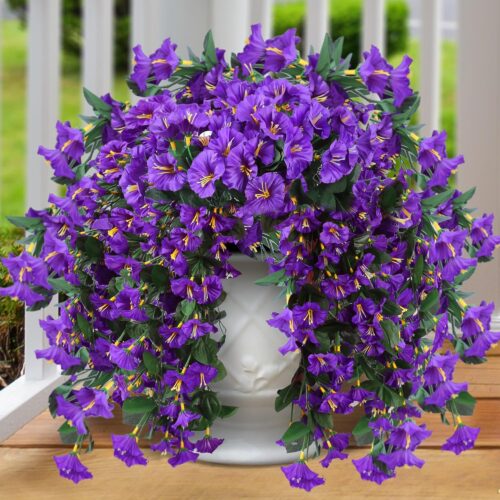 Artificial Fake Hanging Flowers Plants for Outdoor Outside Spring Summer Decoration 2PCS Faux Silk UV Resistant Realistic Morning Glory Trailing Vines for Home Porch Patio Balcony(Purple)
