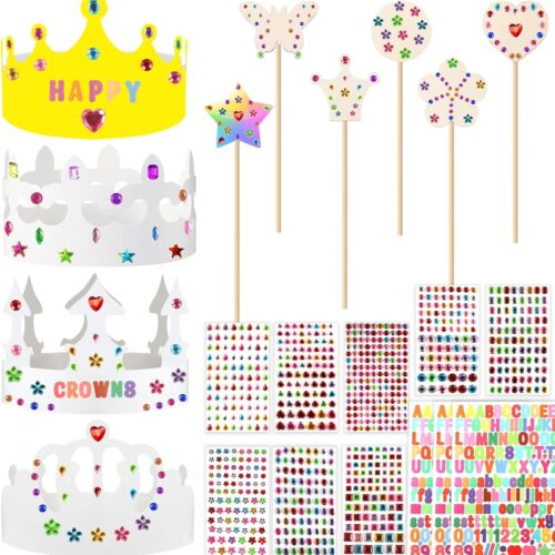 35 Pcs White Paper Crowns Set Princess Fairy Wands Kit DIY Birthday Party Crowns for Kids, Crown Party Favors Hats Decorating Kit