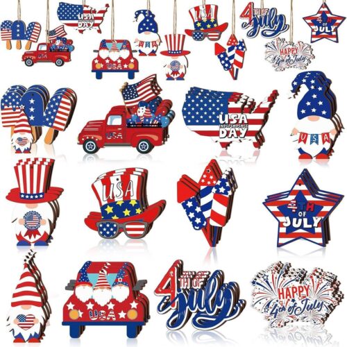 Memorial-Day Decorations 4th of July Wooden Ornaments Red White Blue Hanging Ornament America Star Gnome Design Holiday Party Supplies Independence Day Patriotic Decor for Home Decorations 12Pcs