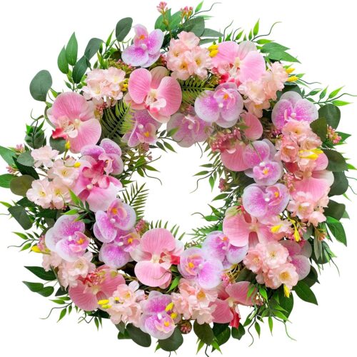 22 Inch Spring Summer Wreaths for Front Door,Artificial Floral Decoration Wreath with Pink Phalaenopsis Hydrangea Leaves for Home Wall Window Easter Wedding Valentine Party Indoor Outdoor Decor