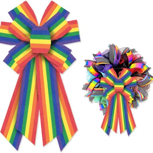 Large Gay Pride Bows for Wreath, LGBTQ Rainbow Wreath Bows Colorful Burlap Bows Love is Love Rainbow Stripes Bow Pride Month Holiday Farmhouse Craft Bows for Front Door Pride Month Decorations