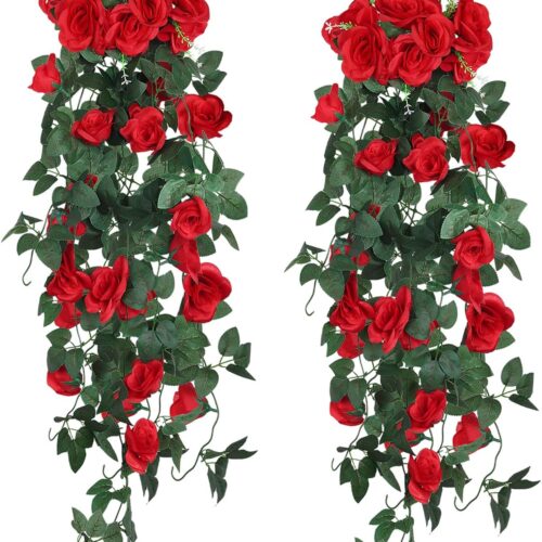 Hanging Flowers Artificial Plants 2PCS 3.3Ft Rose Vine Flower for Home Room Garden Wedding Indoor Outdoor Decoration (Red)