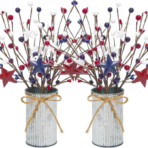 2 Pcs Patriotic Decorations, 4th of July Artificial Floral Berry Stem Picks with Vase Red White and Blue Berries Flowers Branches for Independence Day Memorial Day Table Centerpieces Home