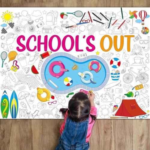 End of School Year Giant Coloring Poster for Kids Summer School's Out Large Coloring Tablecloth Jumbo Big Color Sheet Books Page for Classroom Wall Home Birthday Pool Beach Party Supplies