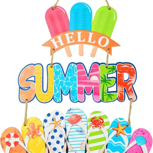 Summer Door Wreath Flip Flop Hanging Sign Ice Lolly Welcome Sign Rustic Wood Wreath for Front Door Outside Summer Home Decorations 25 x 15 Inch