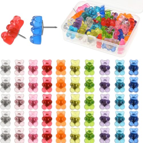 50 Pcs Colorful Bear Push Pins Translucent Thumb Tacks Decorative Pushpins Cute Bulletin Board Push Pin with Box Corkboard Pin Accessories for Office Home Hanging Posters Photo