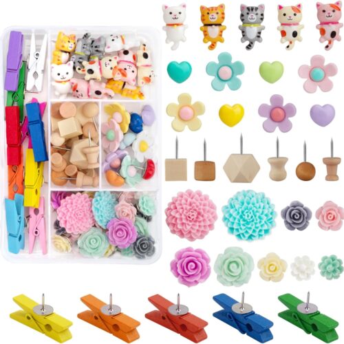 72PCS Push Pins Cute Cat Thumb Tacks Decorative Push Pins Wood Pin Board Tacks Assorted Colors Flower Push Pin Clips for Cork Board Wall Cubicle Accessories for Home Office Cute Desk Accessories