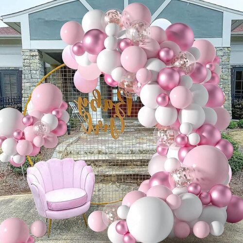 Pink Balloons Garland Arch Kit, Pastel Light Pink White Balloons, Metallic Purple Rose Gold Confetti Birthday Party Balloons for Baby Shower,Bridal,Wedding,Birthday,Anniversary Party