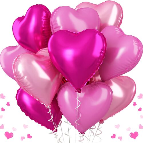 Pink Mixed Heart Balloons, 18 Inch 12 Pcs Hot Pink Foil Heart Balloons Light Pink Heart Shape Mylar Balloons Pink Sweet Theme Heart Balloons for Girl Birthday Wedding Valentines Anniversary