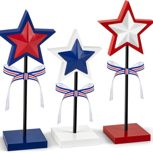 3 Pieces 4th of July Tiered Tray Decor Wood Star Set, Memorial Day Table Decorations, Rustic Patriotic Table Decorations, Red White and Blue Decorations for Home Tables(Classic)