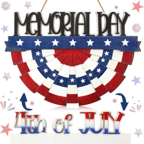 4th of July Decorations Patriotic Door Sign Wooden Memorial Day Wreath Red White Blue American Flag Door Hanger Independence Day Decor for Front Porch Wall Home Outdoor(Vivid)