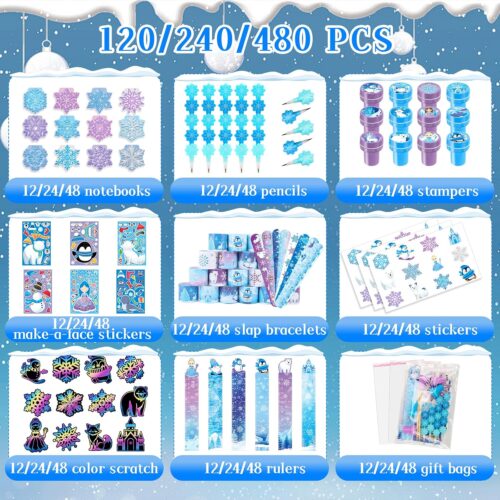 216Pcs Frozen School Stationery Party Favors Winter Snowflake Themed Classroom Gift Reward Prizes Bulk for Students Kids Holiday Frozen Birthday Goodie Bag Stuffers Pinata Filler
