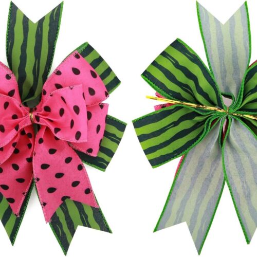 2 Pcs Large Watermelon Burlap Bow 12x10 Inch Red and Green Summer Wreath Bows for Themed Party, Wedding, Birthday Decorations