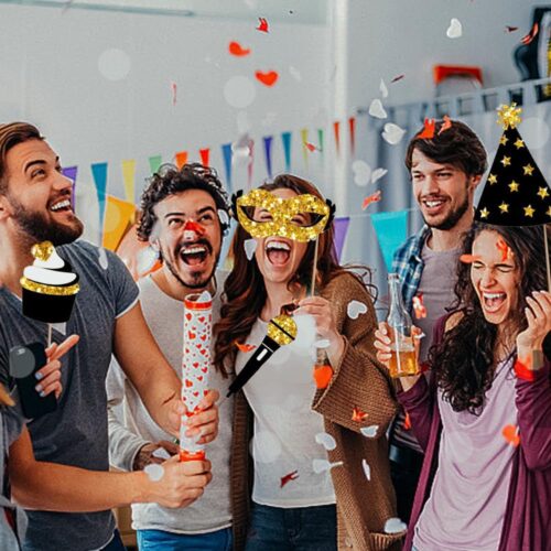 Black and Gold Party Photo Booth Props,24 Pieces Photobooth Picture Pose Sign Kit for Birthday Wedding Party Memorable Photos