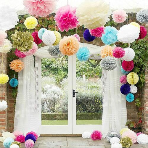 12pcs Red Paper Pom Poms Decorations for Party Ceiling Wall Hanging Tissue Flowers Decorations - 1 Color of 12 Inch, 10 Inch
