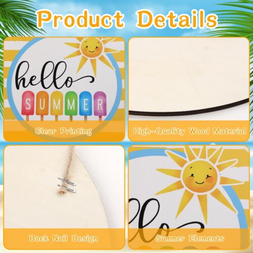 Hello Summer Door Sign Summer Decor Wreaths for Front Door Wreath Wooden Sign hanger for Pool Farmhouse Porch Home Wall Decorations (Yellow)