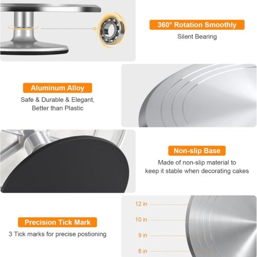 12 Inch Cake Turntable Cake Decorating Supplies Kit, 33 pcs Rotating Aluminium Cake Stand Set, Baking Tools with 20 Icing Tips, Bags, 3 Icing Smoother, Straight & Offset Spatula, Silicone Spatula