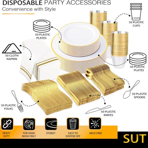 350 PCS Elegant White and Gold Disposable Dinnerware Set - Premium Dinner & Salad Plates, Cups, Napkins & Cutlery for 50 Guests - All-Inclusive Party Plastic Plates