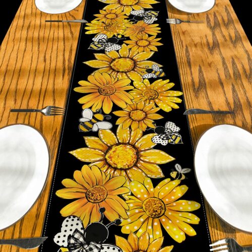 Summer Decorations Sunflower Table Runner Spring Summer Floral Bee Table Cover Summer Sunflower Decor Spring Summer Decorations for Simple Life Home Party