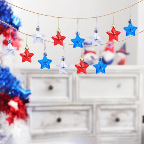 12 Pcs 4th of July Tree Decor Red Silver Blue Rounded Corners Five-Pointed Stars Patriotic Tree Hanging Ornaments Acrylic Fourth of July Hanging Pendant Independence Day Party DIY Supplies (4cm)