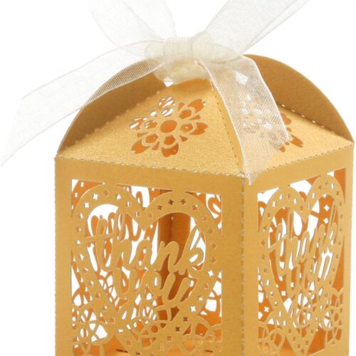 Laser Cut Boxes, 100pcs Thank You Gift Boxes Wedding Party Favor Boxes Lace Candy Boxes for Wedding Bridal Shower Baby Shower Birthday Party Decorations with Ribbons (2x2x2.75inch, Gold, 100)