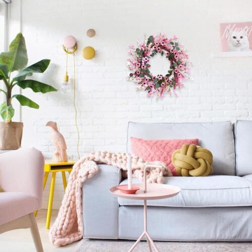 18 Inch Pink Daisy Wildflowers Spring Summer Wreath for Front Door, Pink Lavender Eucalyptus Leaves for Valentine Wedding, Faux Flower for Indoor and Outdoor
