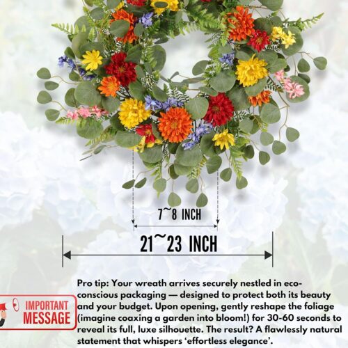 22IN Spring Wreath for Front Door – Summer Floral Wreath with Red Dahlias, Orange Chrysanthemums, Eucalyptus Leaves – Silk Handmade Outdoor Door Decor, Boho Decor Gift