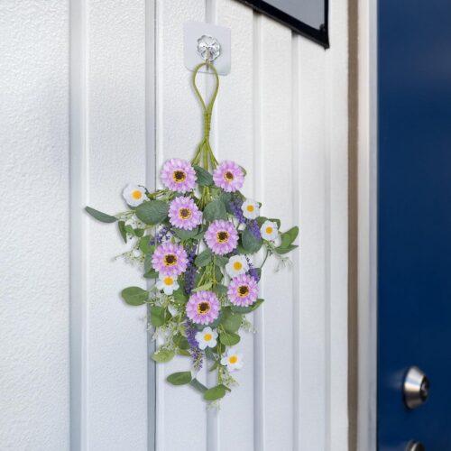 20" Artificial Purple & White Daisy Teardrop Swag, Spring Wreath for Front Door, Faux Wildflower Hanging Decoration, Handmade Floral Swag with Eucalyptus for Porch, Wall, Farmhouse Decor