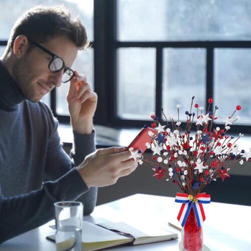 4 Pack Patriotic Artificial Berry Stem Picks White Blue Red Stars for 4th of July Independence Day, Pentagram Faux Berry Branches Decoration for Home Office Restaurant Vase Décor