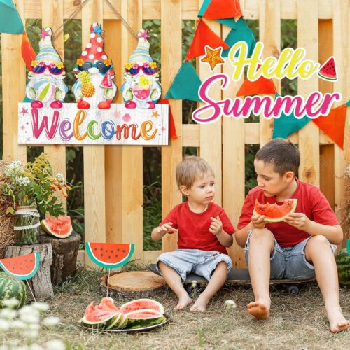 Summer Door Sign Summer Gnome Door Hanger Wooden Welcome Hanging Sign Gnome Hawaii Decoration for Home Porch Cool Decoration Wall Outdoor Window