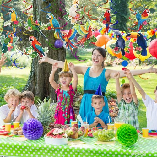 58Pcs Tropical Birds Decorations Tropical Hawaiian Decor Toucan Parrot Party Hanging Swirl Foil Ceiling Decor for Summer Luau Hawaiian Beach Pool Party Tiki Party Birthday Party Supply