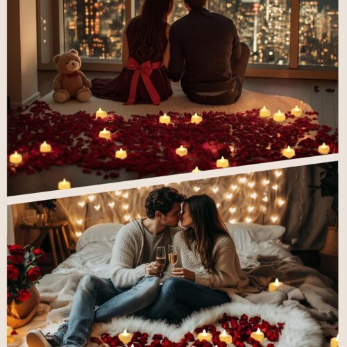 1000 Pieces Artificial Rose Petals with 12 Heart LED Tea Lights Candles Kit, Rose Petals and Candles Set for Proposal, Anniversary, Valentine's Day, Special Romantic Night, Wedding Table Decor