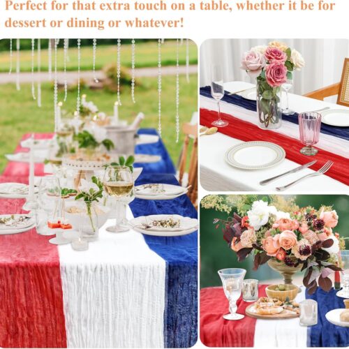 4th of July Cheesecloth Table Runner, Vintage Red White and Blue Table Runner for Memorial Day Labor Day Independence Day Veterans Day Patriotic Party Decoration for Kitchen Dining Room Indoor Outdoor