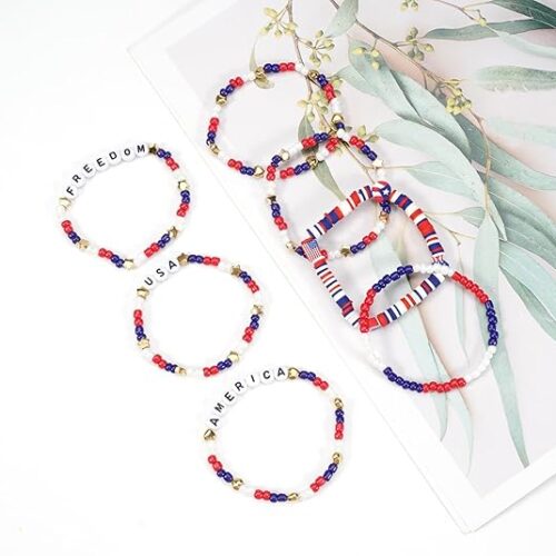 4th of July Bracelets for Women Girls America Flag Bracelets USA Red White and Blue Patriotic Stretchy Stackable Beaded Heishi Bracelet Gifts Independence Day Jewelry