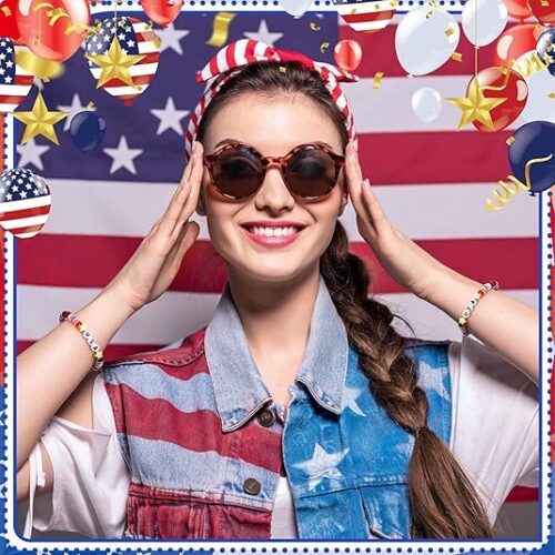 USA Bracelets Bulk 4th of July Accessories Red White and Blue Polymer Clay Beaded Stretch Bracelets for Women USA Jewelry Independence Day 4th of July Patriotic Party Favors Gifts