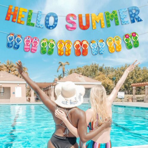 Hello Summer Banner and Colorful Flip Flop Banner Summer Hawaiian Tropical Beach Pool Slippers Garland Banner Summer Holiday Birthday Party Classroom Bulletin Board Fireplace Mantle Decorations