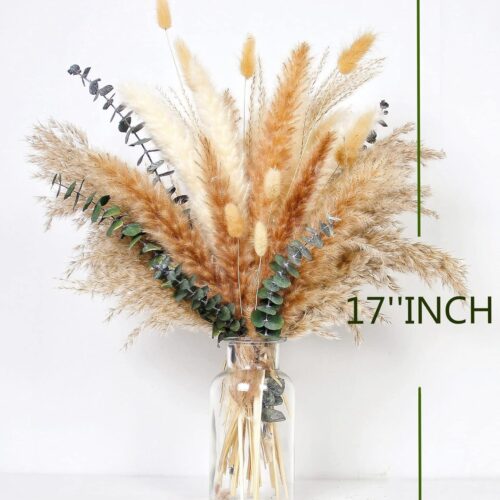 110 PCS of Boho Pampas Grass Decor, Naturally Dried Pompas, Bunny Tails Dried Flowers, and dried eucalyptus. Perfect for Weddings, Boho Party Decorations, and Table Decor.