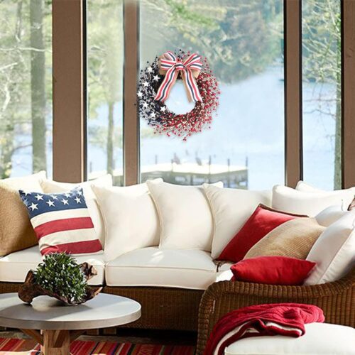 18 Inch Patriotic Red White Blue Berries Wreath for Front Door, 4 of July Memorial Day Independence Day Burlap Bow Wreath for Home Decor, American Flag Day Wreath for Indoor and Outdoor Use