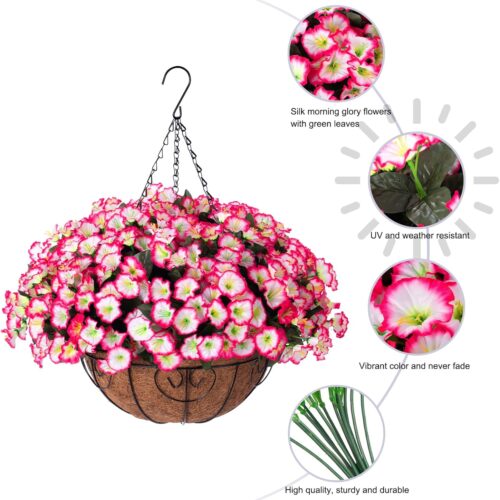 Artificial Fake Hanging Flowers Plants Baskets for Outdoor Outside Summer Decoration, Faux Silk Pink Morning Glory in Planter UV Resistant Realistic for Home Porch Patio Balcony Garden Yard