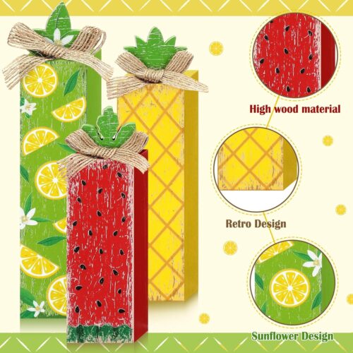 3 Pcs Summer Wood Table Block Sign Lemon Tiered Tray Decor Watermelon Wooden Tabletop Centerpiece Rustic Farmhouse Wooden Pineapple Decorations for Summer Home Kitchen Party Table Shelf
