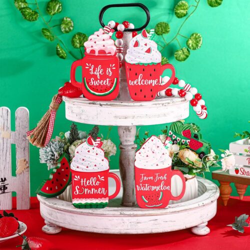 4 Pcs Watermelon Summer Wooden Tiered Tray Decor Wood Watermelon Decorations Self Standing 3D Rustic Farmhouse Summer Decor Wooden Block Signs for Home Kitchen Shelf Centerpiece