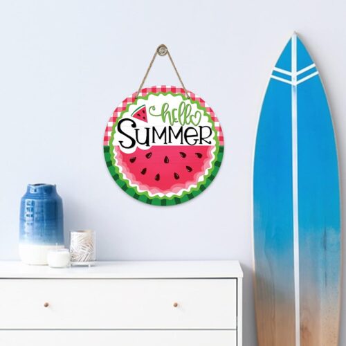 Hello Summer Watermelon Sign for Front Door, Red Buffalo Plaid Check Green Stripes Wood Door Hanger Outdoor Outside Porch Decor, Seasonal Farmhouse Wooden Wreath Indoor Wall Hanging Decoration