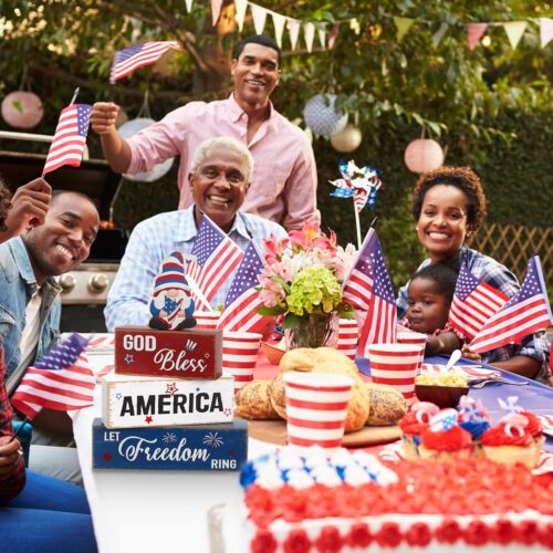 4 Pcs Patriotic Table Decorations Centerpieces 4th of July Wooden Signs Gnome Red White and Blue God Bless America Wood Block Gifts for Independence Memorial Day Tiered Tray Mantel Shelf