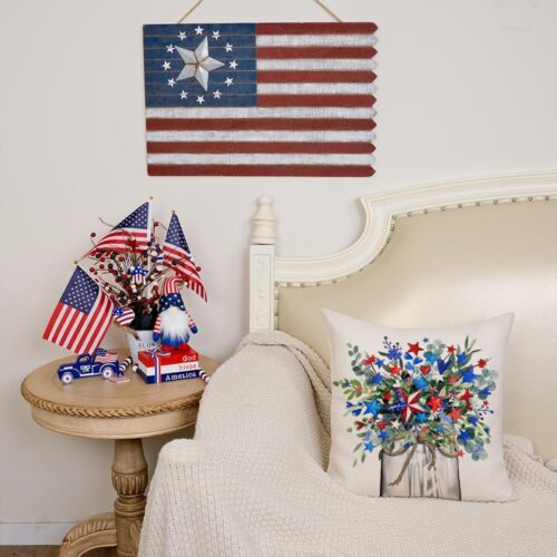 4th of July Pillow Covers 18x18 Inch Stars Floral Vase Butterfly Decor Patriotic America USA Holiday Pillow Case Independence Memorial Day Decorations for Home Sofa Couch AA532-18