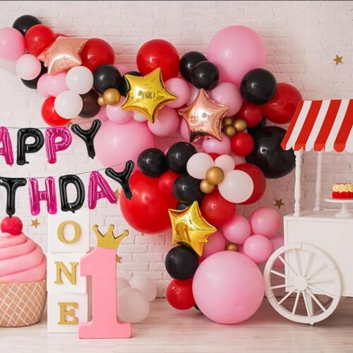 Happy Birthday Balloons Banner Black & Hot Pink 16 Inch for Kids and Adults Birthday Party Decorations Supplies