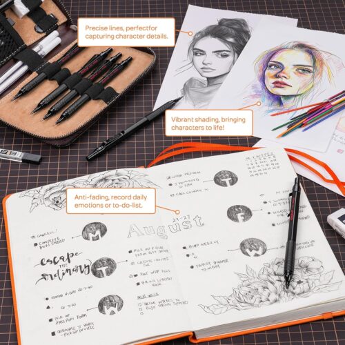 30PCS Black Metal Mechanical Pencil Set in Leather Case, Art Drafting Pencil 0.5, 0.7, 0.9 mm, 2mm Lead Pencil Holders for Sketching Drawing With 16 Tube (6B 4B 2B HB 2H 4H Colors)Lead Refills