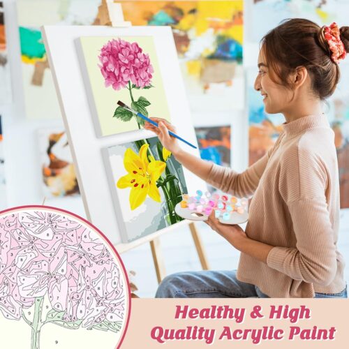 Paint by Number for Adults Beginners, 4 Pack DIY Adult Paint by Number Kits on Canvas Framed, Flowers Color by Numbers Acrylic Oil Painting Number Kits Crafts for Home Wall Decor 8x8inch